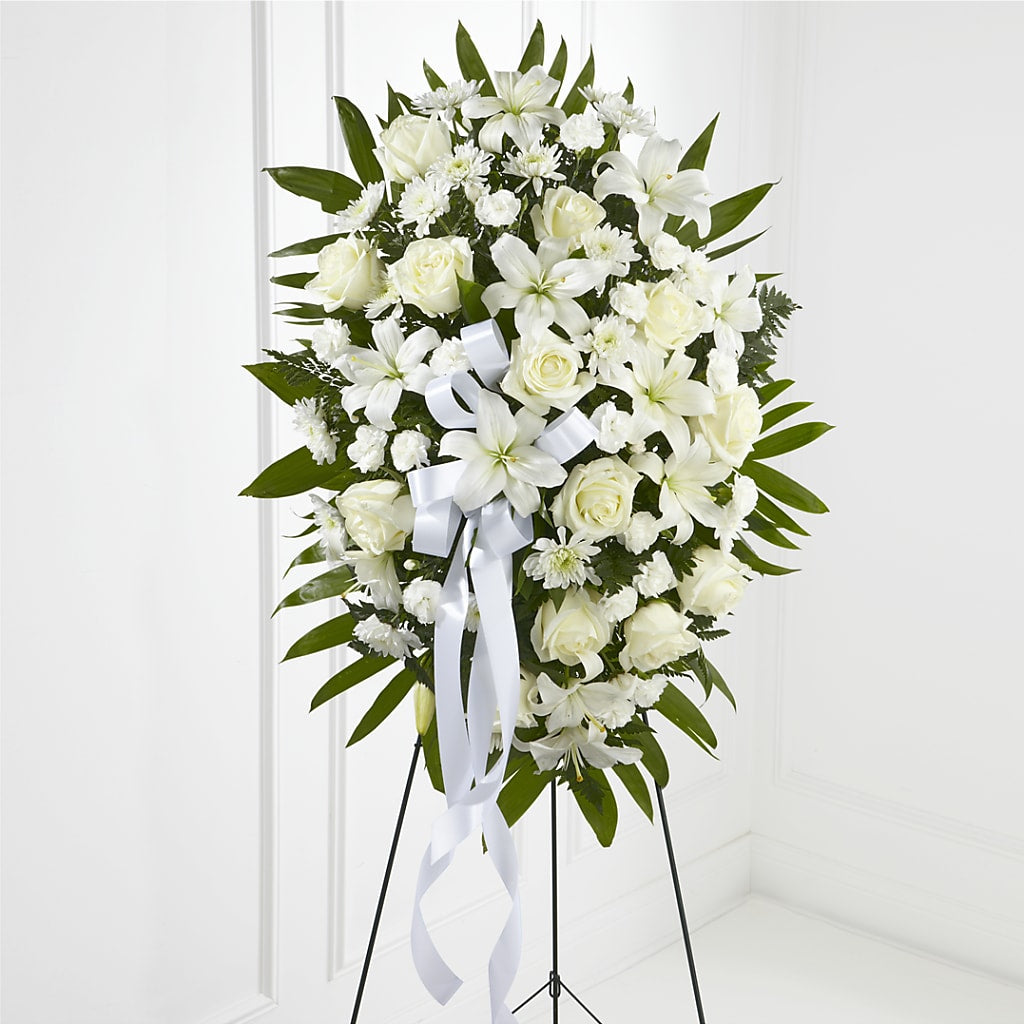 Exquisite Tribute Standing Spray-White Ribbon – A Daisy A Day, Winston-salem NC